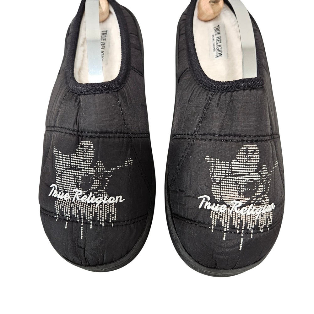 True Religion Black Quilted Slippers House Shoes Women Medium Buddha Faux Fur
